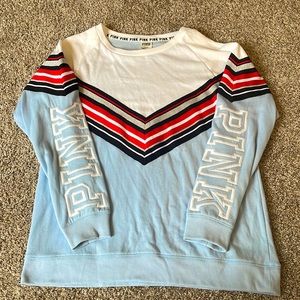 PINK chevron crew neck sweatshirt, size M, light blue with red, white and silver